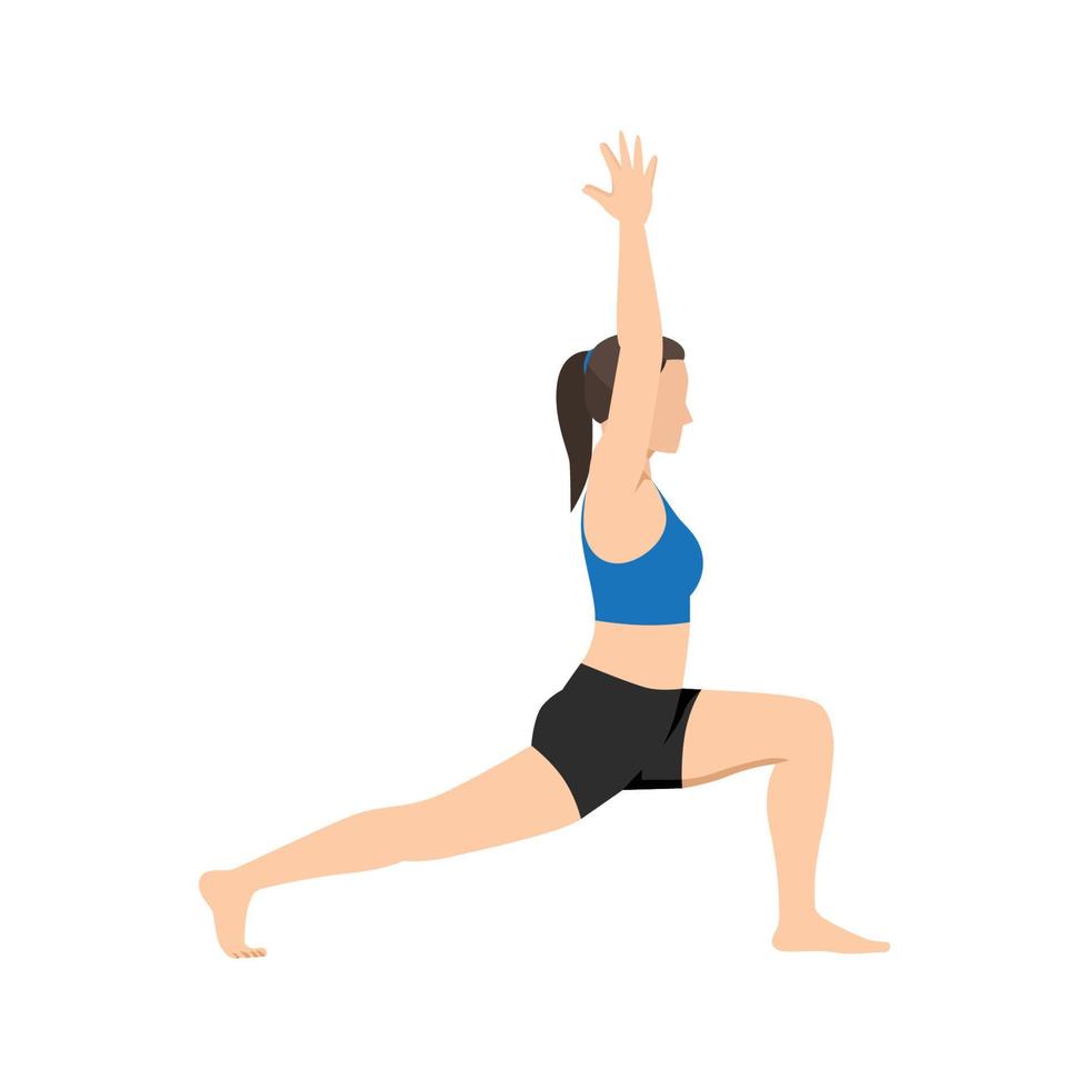 vrouw doet halve maan lunge pose of anjaneyasana oefening. vector