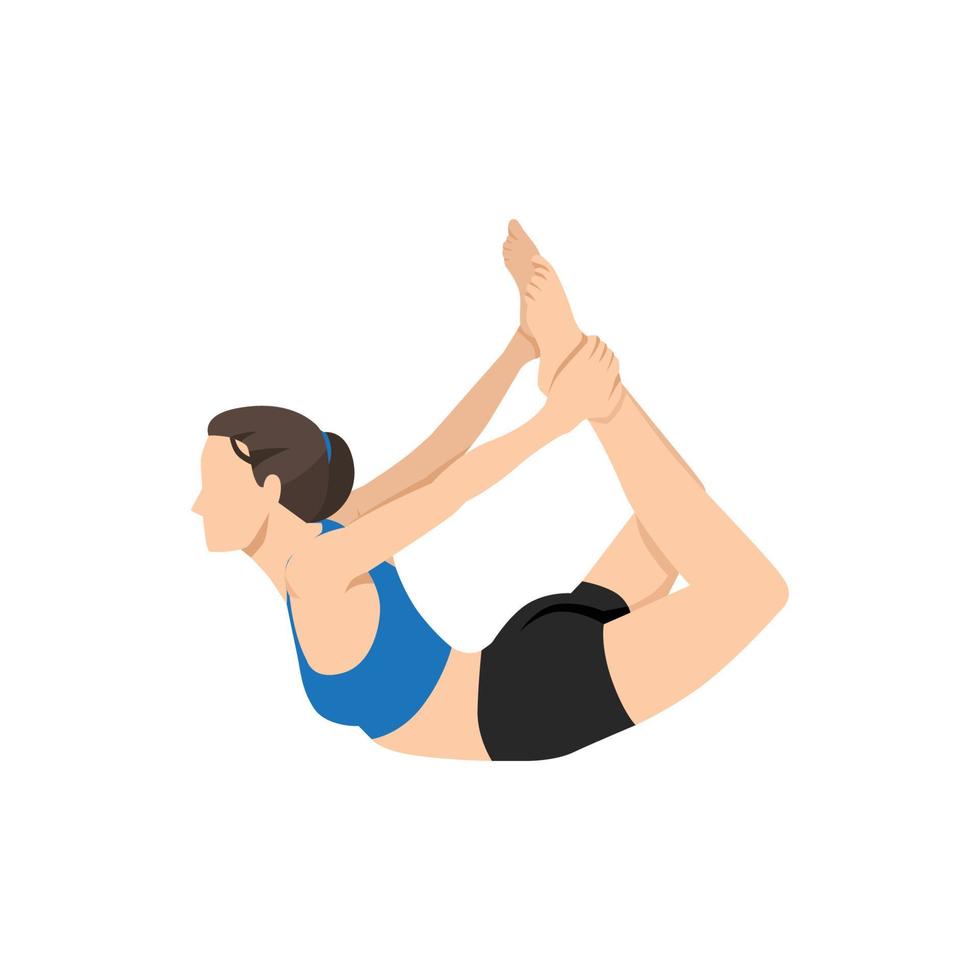 vrouw doet yoga pose, dhanurasana boog pose asana in hatha yoga vector