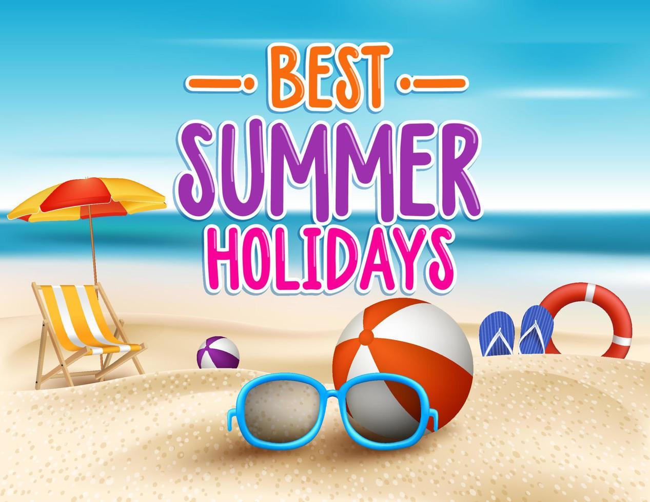 beste zomervakantie titel woorden vector in strand kust met zomerse buitenelementen.