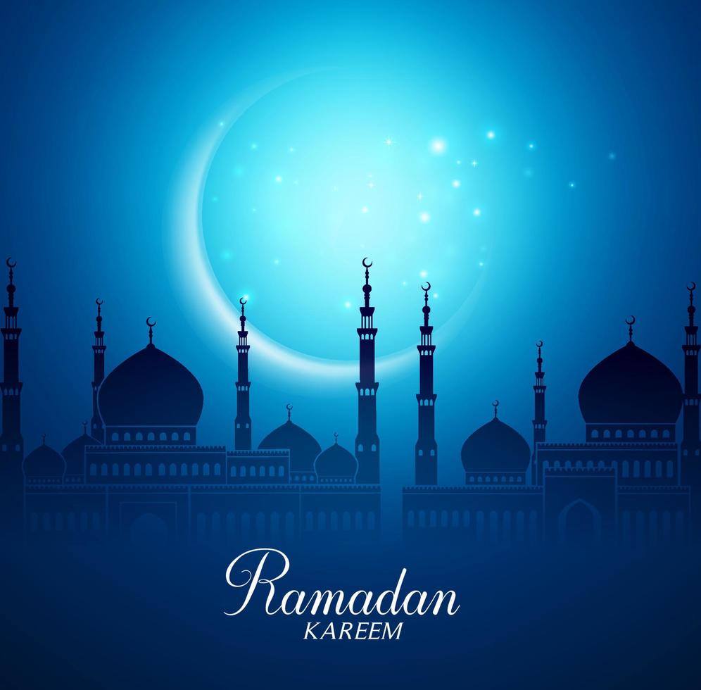 wassende maan en silhouet moskee in de heldere nacht voor ramadan kareem achtergrond. vector