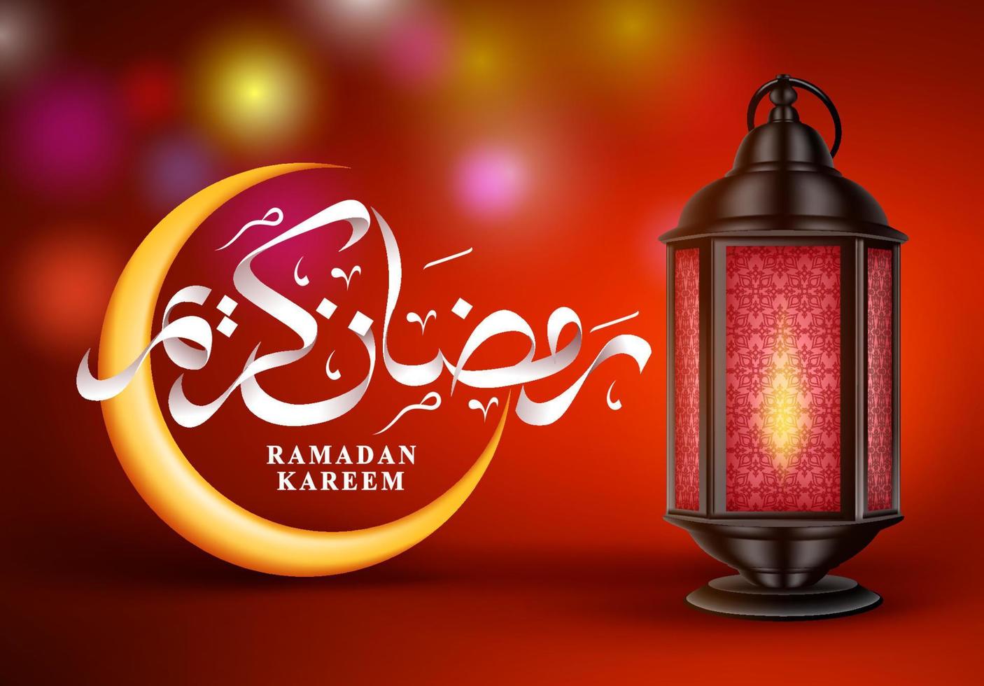 ramadan lantaarn vector groet ontwerp. ramadan kareem-kalligrafie en maansikkel met fanous of arabische lantaarn