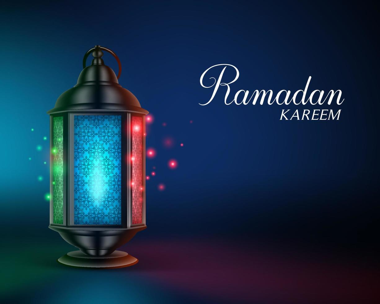 ramadan-lantaarn of fanous met lichten en ramadan kareem-groeten op een kleurrijke nachtachtergrond. vector