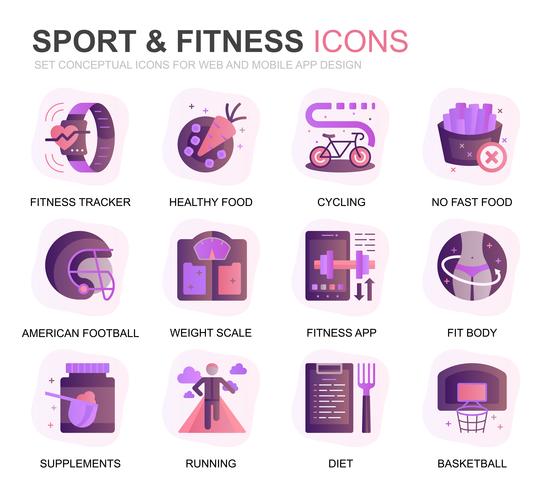 Modern Set Sport en Fitness Gradient plat pictogrammen voor website en mobiele apps. Bevat pictogrammen zoals Fit Body, Zwemmen, Fitness-app, Supplementen. Conceptuele kleur platte pictogram. Vector pictogram pack.