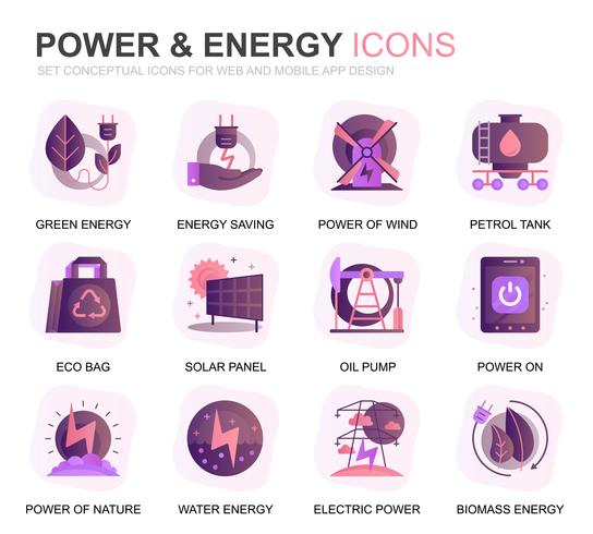 Modern Set Power Industry en energie Gradient Flat Icons voor website en mobiele apps. Bevat pictogrammen zoals zonnepaneel, Eco-energie, energiecentrale. Conceptuele kleur platte pictogram. Vector pictogram pack.