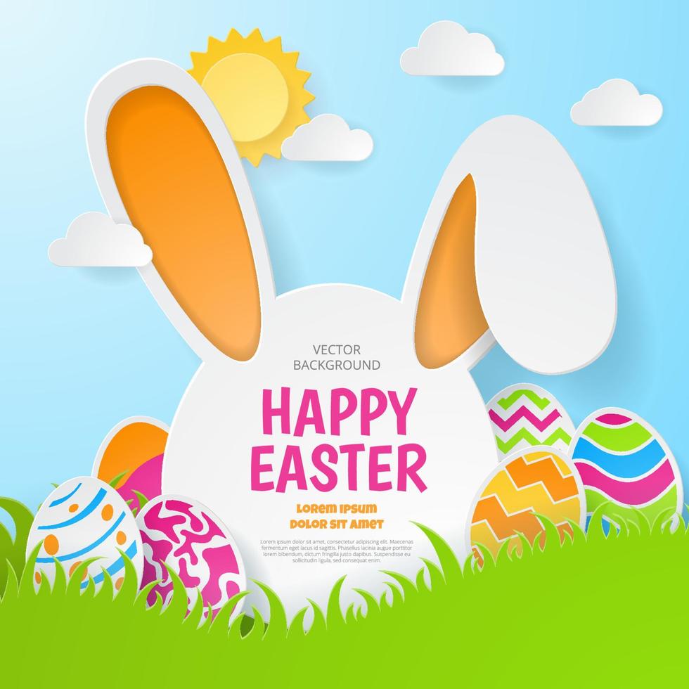 vrolijke Pasen-achtergrond met gevormde eieren, gras en konijntje. papier kunst. vectorillustratie. vector
