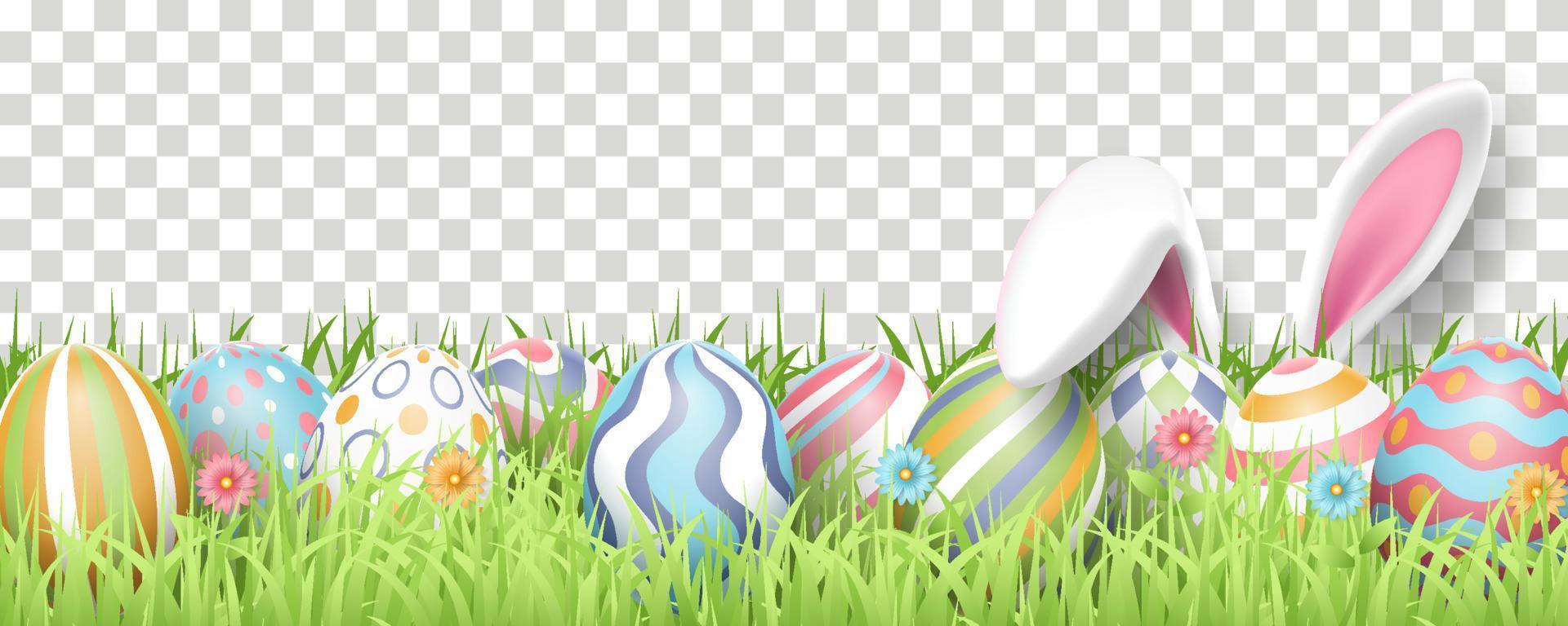 vrolijke pasen achtergrond met realistische beschilderde eieren, gras, bloemen en konijnenoren. vector illustratie