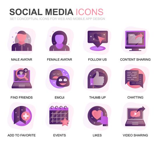 Modern Set Social Media en Network Gradient Flat Icons voor website en mobiele apps. Bevat iconen zoals Avatar, Emoji, Chating, Likes. Conceptuele kleur platte pictogram. Vector pictogram pack.
