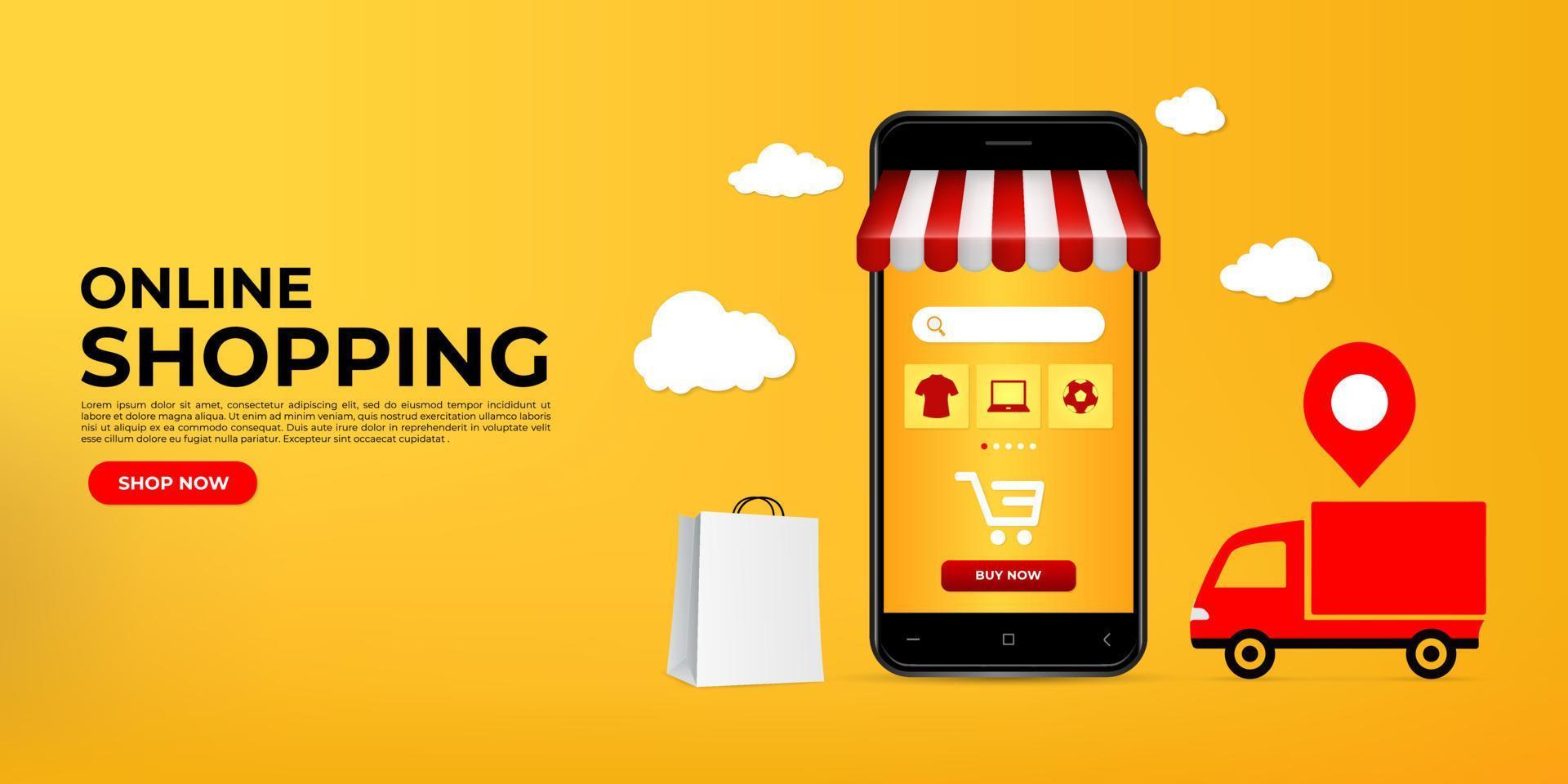 realistisch winkelen online ontwerp met smartphone. online winkelen op websites of mobiele applicatieconcepten die perfect zijn voor marketing, promotie en digitale marketing. vector