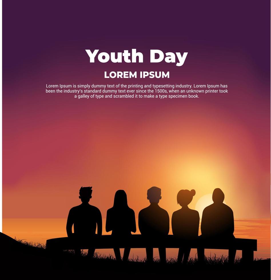 het gelukkige ontwerp van de jeugdbeloftedag met het jeugdsilhouet zit in stoel. viering jeugd belofte dag met zonsondergang vector