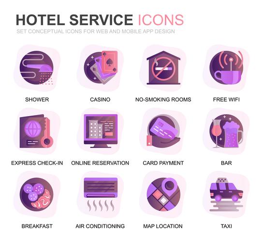 Modern Set Hotel Services Verloop plat pictogrammen voor website en mobiele apps. Bevat pictogrammen zoals Bagage, Receptie, Roomservice, Fitnesscentrum. Conceptuele kleur platte pictogram. Vector pictogram pack.