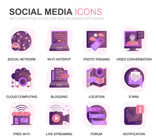 Modern Set Social Media en Network Gradient Flat Icons voor website en mobiele apps. Bevat iconen zoals Avatar, Emoji, Chating, Likes. Conceptuele kleur platte pictogram. Vector pictogram pack.