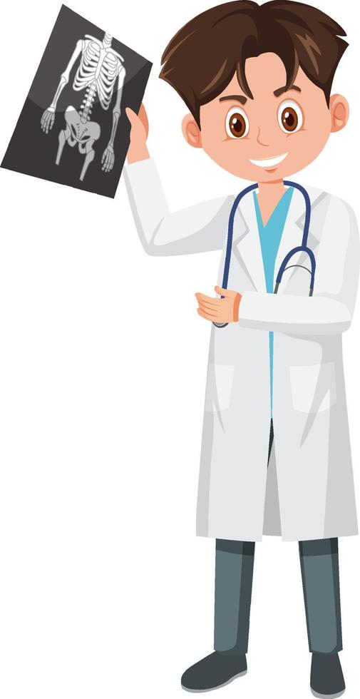 een mannelijke arts die een stripfiguur van een röntgenfilm vasthoudt op een witte achtergrond vector