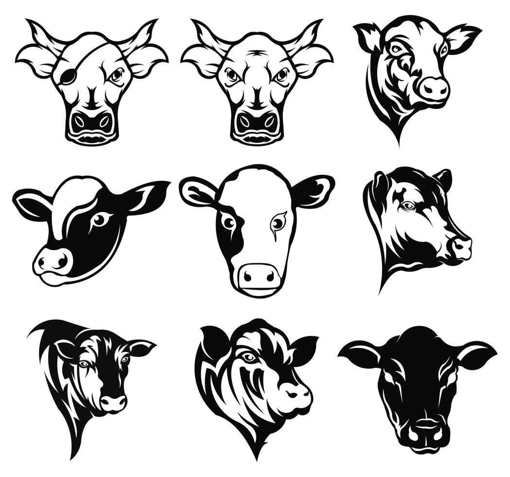 koe gestileerd symbool en koe hoofd portret silhouet van landbouwhuisdieren vector