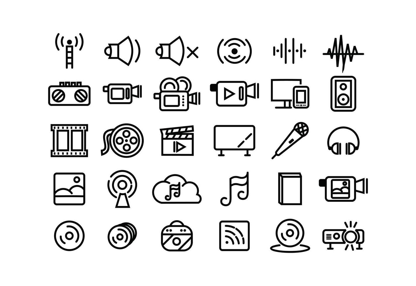 audiobestanden solide geluid lijn icon set, muziek en muziekapparatuur symbolen collectie vector