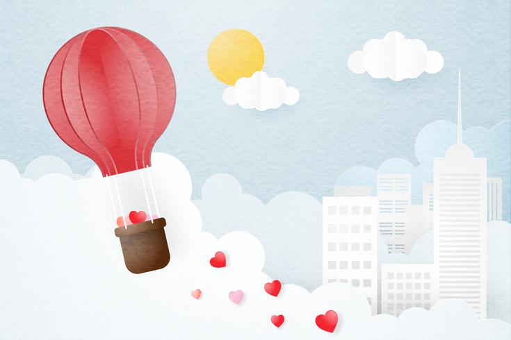 Creatief van het concept van de liefde Valentijnsdag. De hete luchtballon die van de origami over stad en wolkenachtergrond vliegt. vector