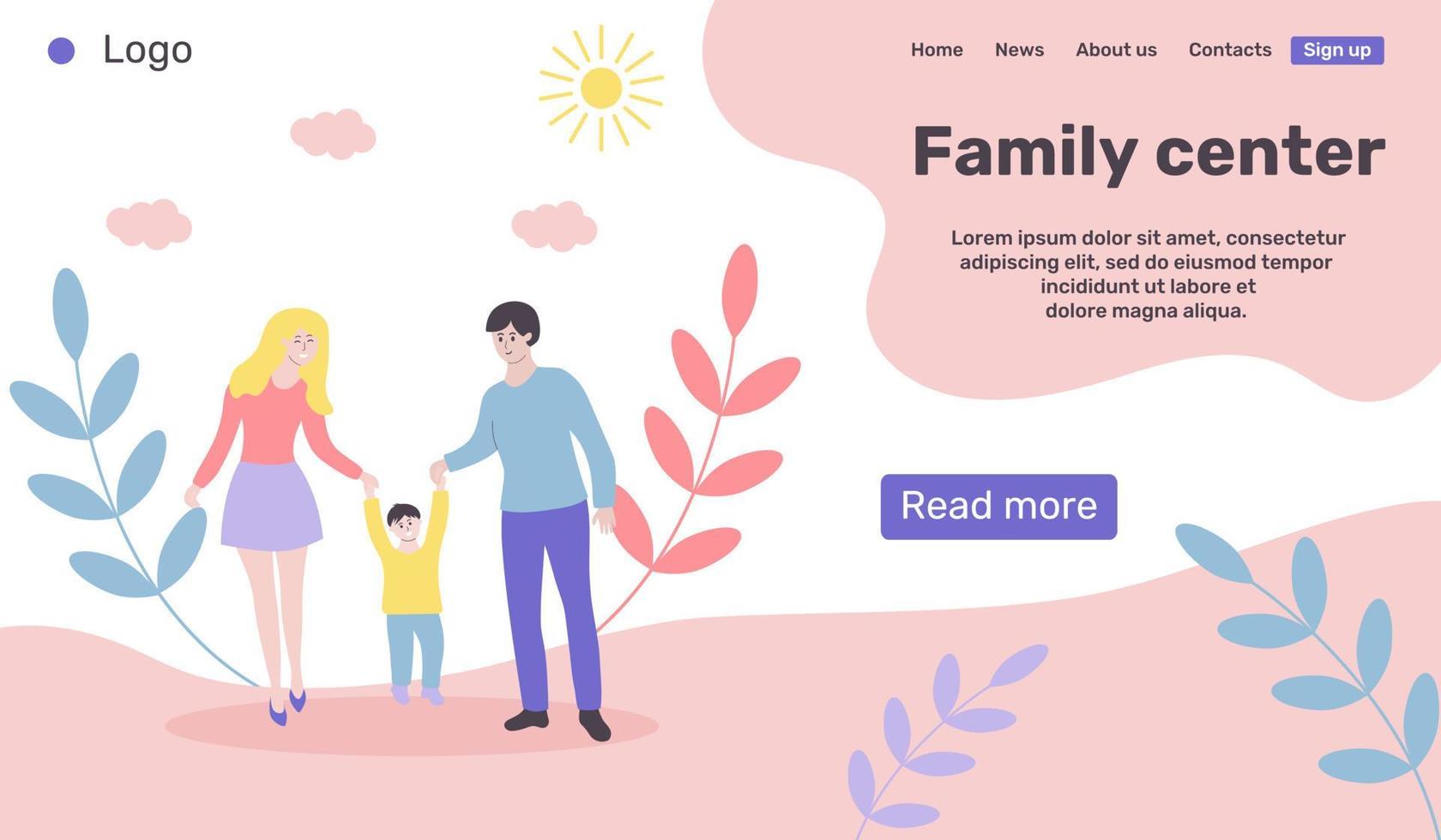 webpagina-ontwerpsjabloon voor familiecentrum. gelukkig jong gezin op een wandeling. vector