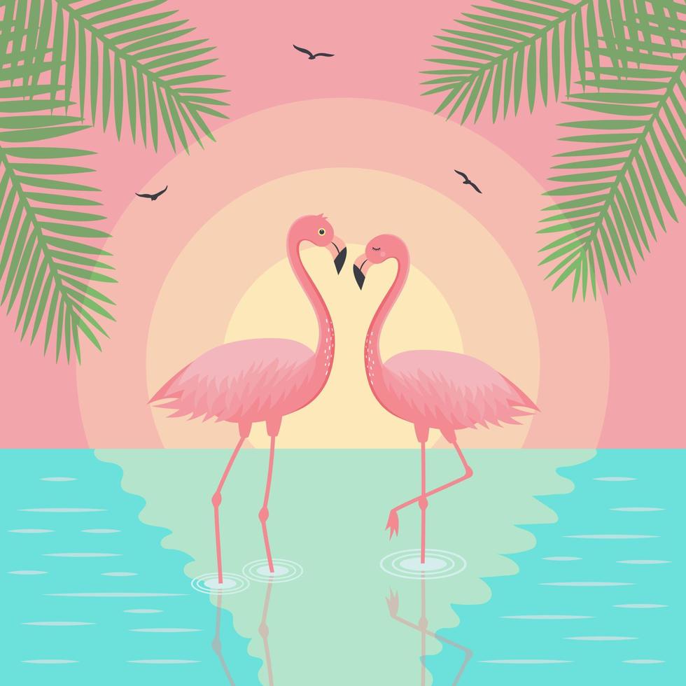 landschap met zonsondergang, paar flamingo's, palmbladeren en meeuwen. vector