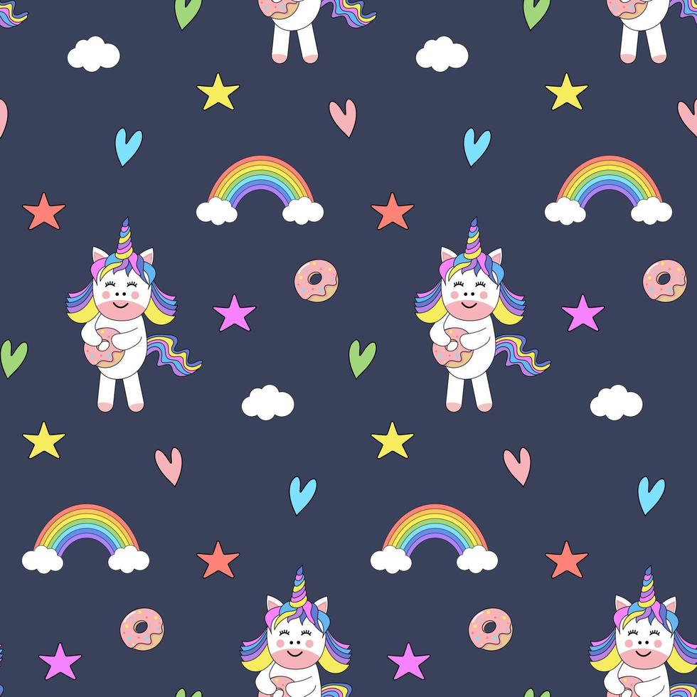 vector naadloze patroon met schattige eenhoorn, donut, ster, harten, regenboog en cloud.