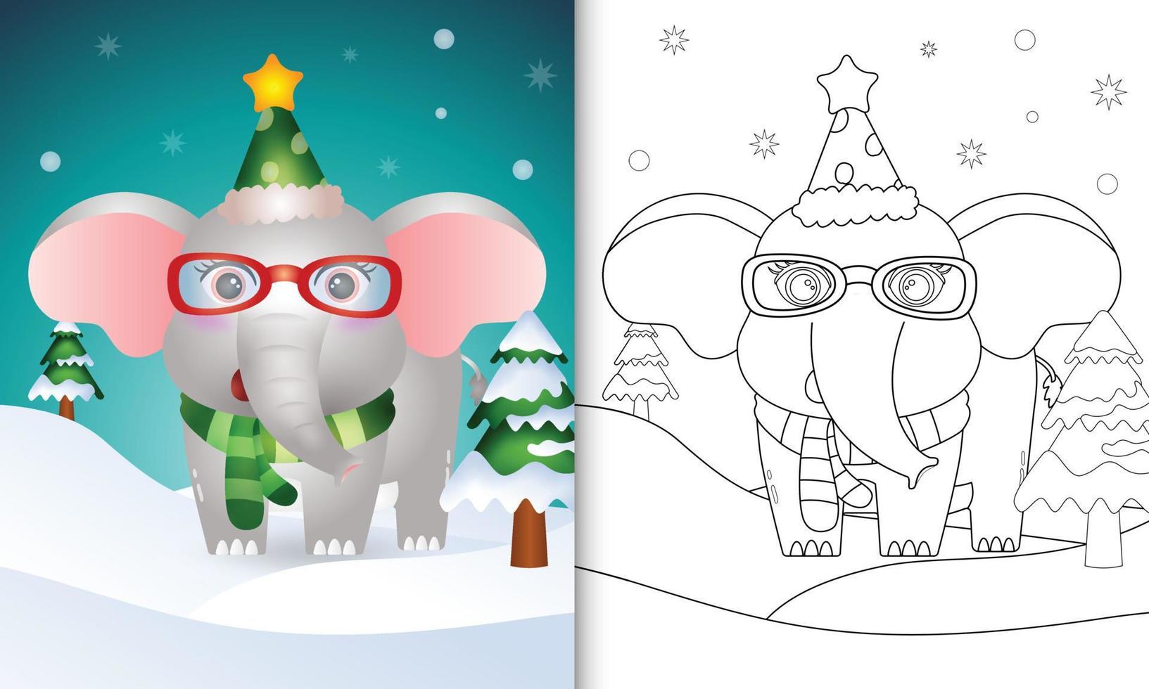 kleurboek met een schattige olifant kerstfiguren collectie met een muts en sjaal vector