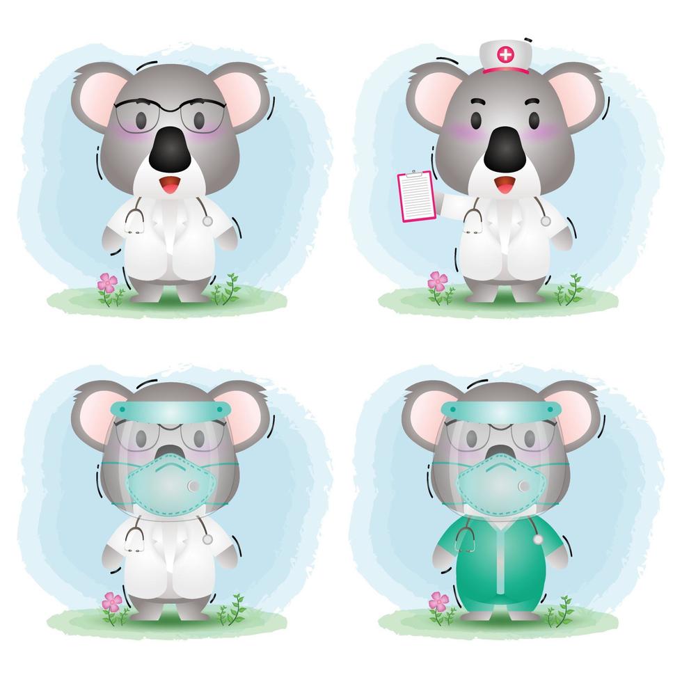 schattige koala met medisch personeel team dokter en verpleegster kostuumcollectie vector