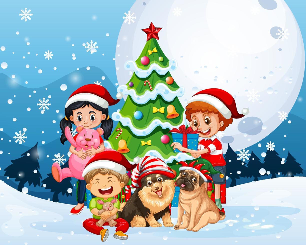 sneeuwvalscène met kinderen en honden in kerstthema vector