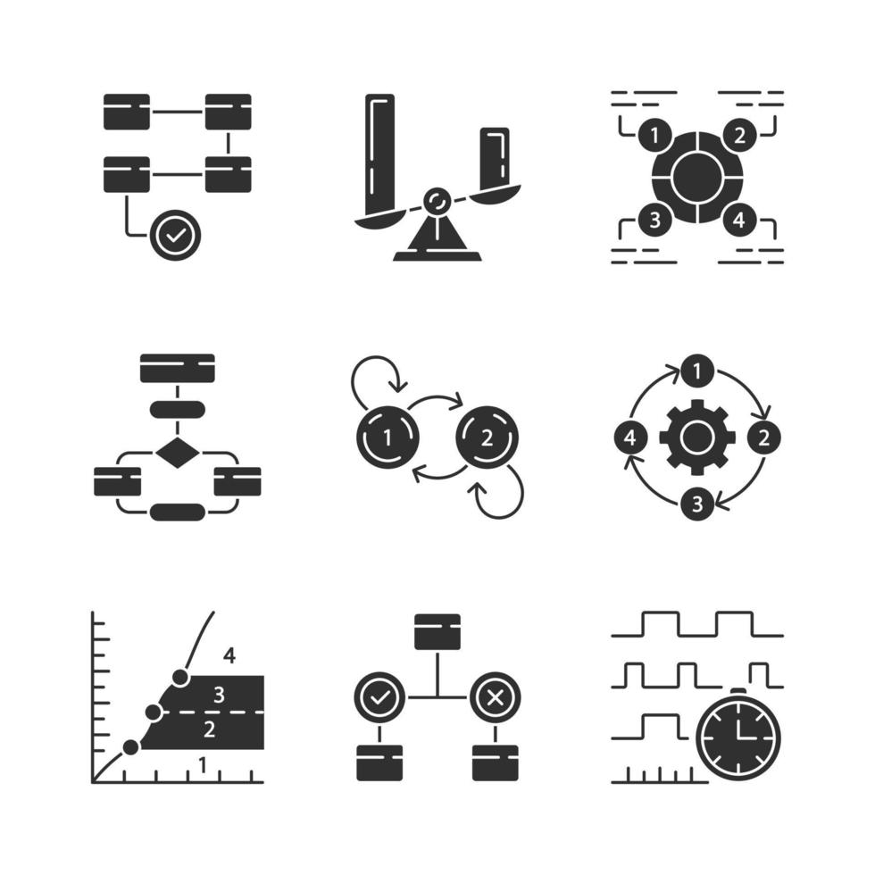 diagram concepten glyph pictogrammen instellen. statistische gegevens en visualisatie van processtromen. informatie vertegenwoordiging. vergelijkingen tussen afzonderlijke categorieën. silhouet symbolen. vector geïsoleerde illustratie