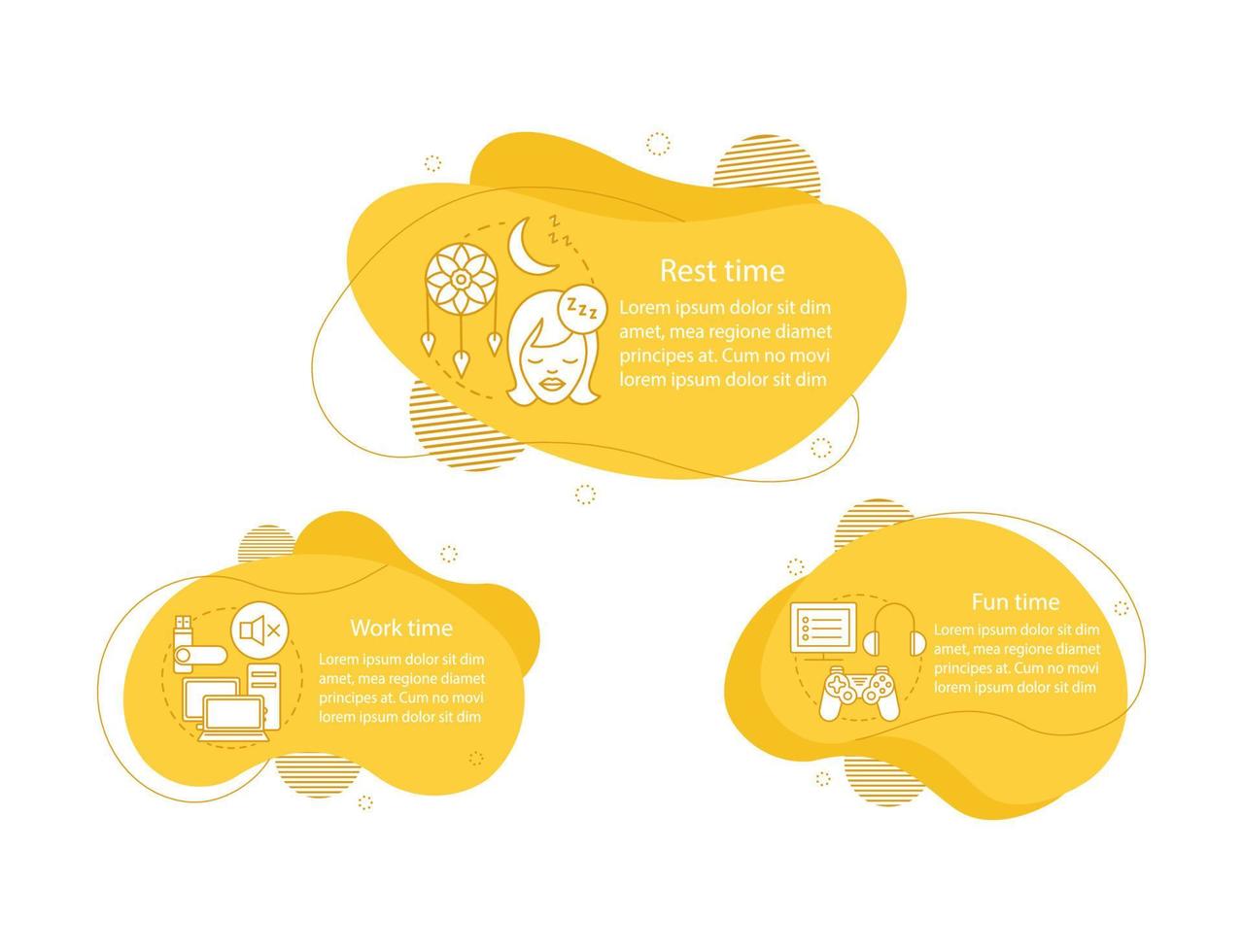 studie, feest en rusttijd concept illustraties. infographic sjabloon voor dagelijkse studentenplanning. vloeiende elementen met tekst, lineaire pictogrammen. golvende bubbels stappen. presentatie, bannerrapport vector cliparts