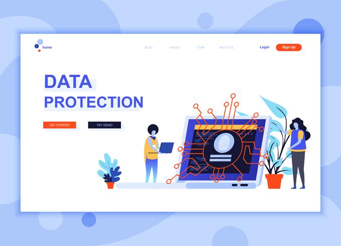 Moderne platte webpagina ontwerpsjabloon concept van gegevensbescherming ingericht mensen karakter voor website en mobiele website-ontwikkeling. Sjabloon voor platte landingspagina&#39;s. Vector illustratie.