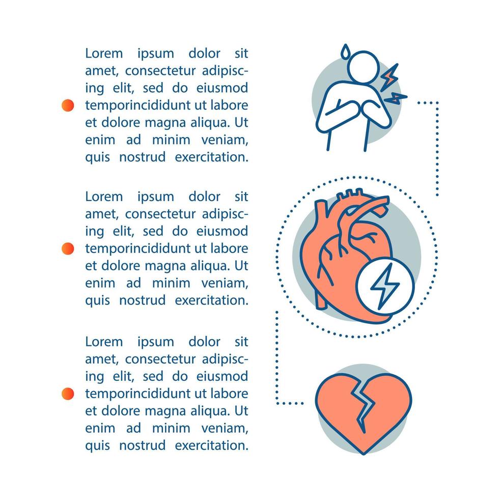 hartaanval artikel pagina vector sjabloon. myocardinfarct. rochure, tijdschrift, boekje ontwerpelement met lineaire pictogrammen en tekstvakken. print ontwerp. conceptillustraties met tekstruimte