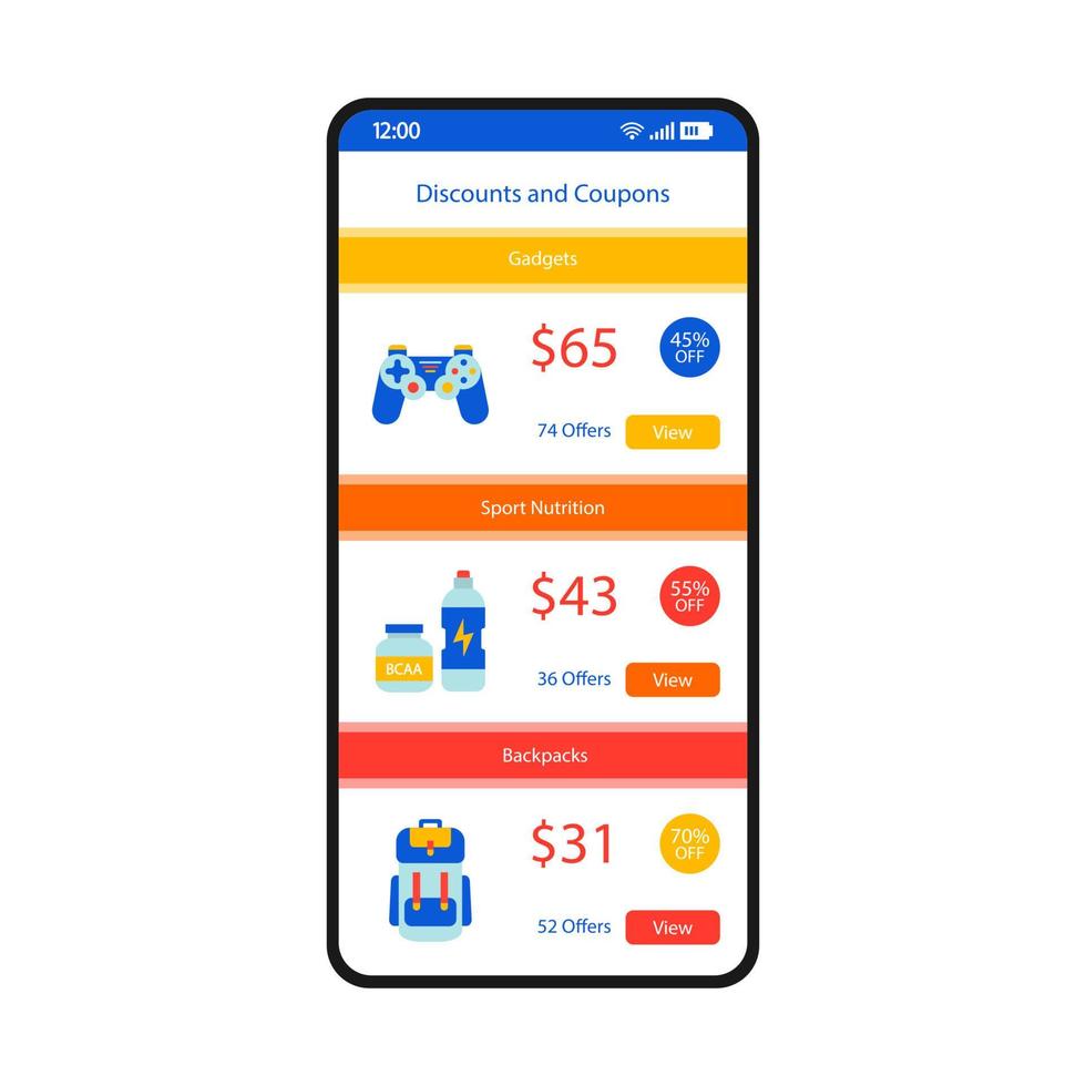 kortingen en coupons smartphone interface vector sjabloon. mobiele app pagina wit ontwerp lay-out. promo codes, cadeaubonnen aanbiedingen scherm. platte ui voor toepassing. winkel kortingen. telefoon display