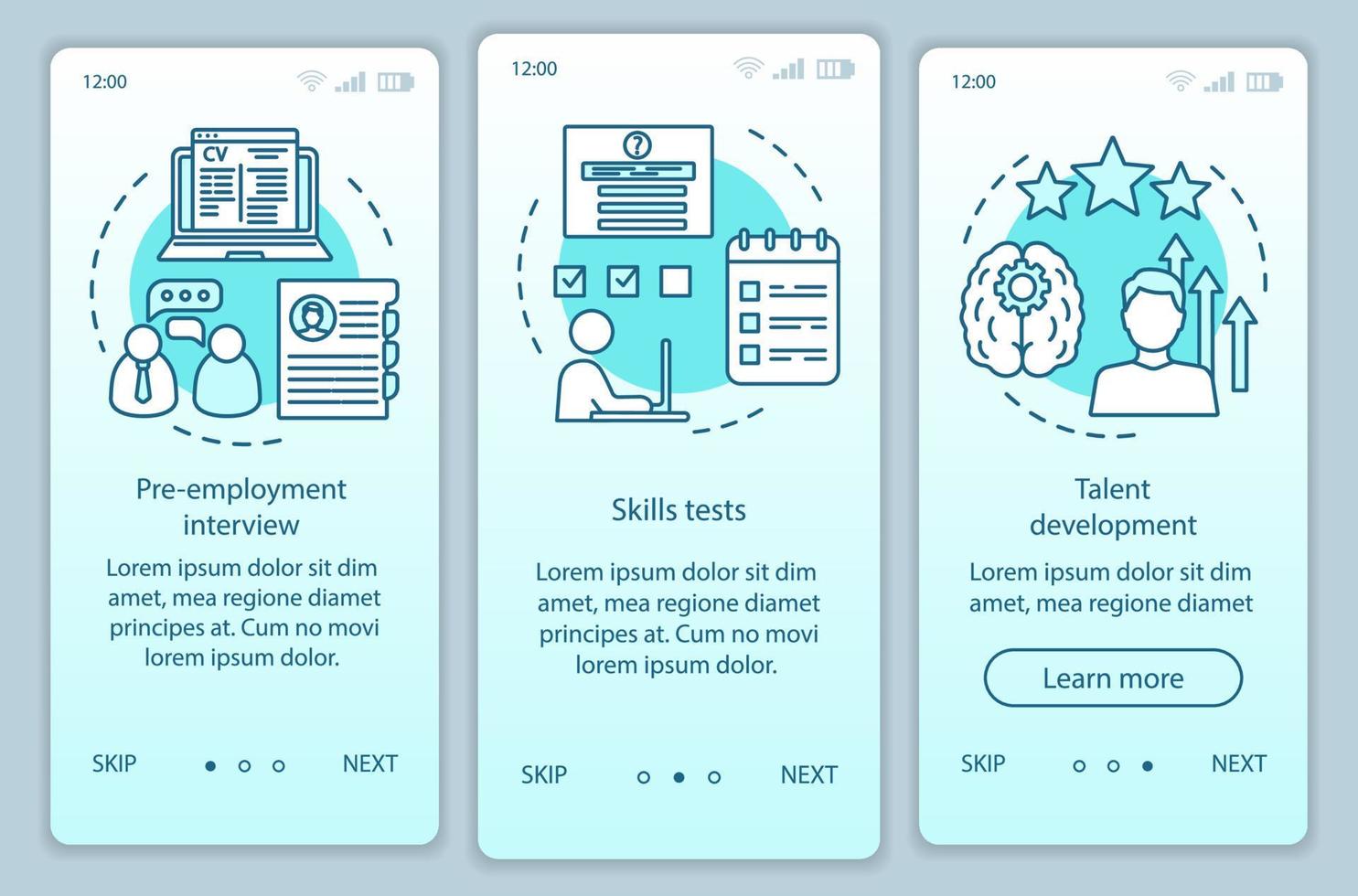 carrière groei turquoise gradiënt onboarding mobiele app pagina scherm vector sjabloon. tewerkstellingstest. sollicitatiegesprek walkthrough website stappen met lineaire pictogrammen. ux, ui, gui smartphone-interfaceconcept