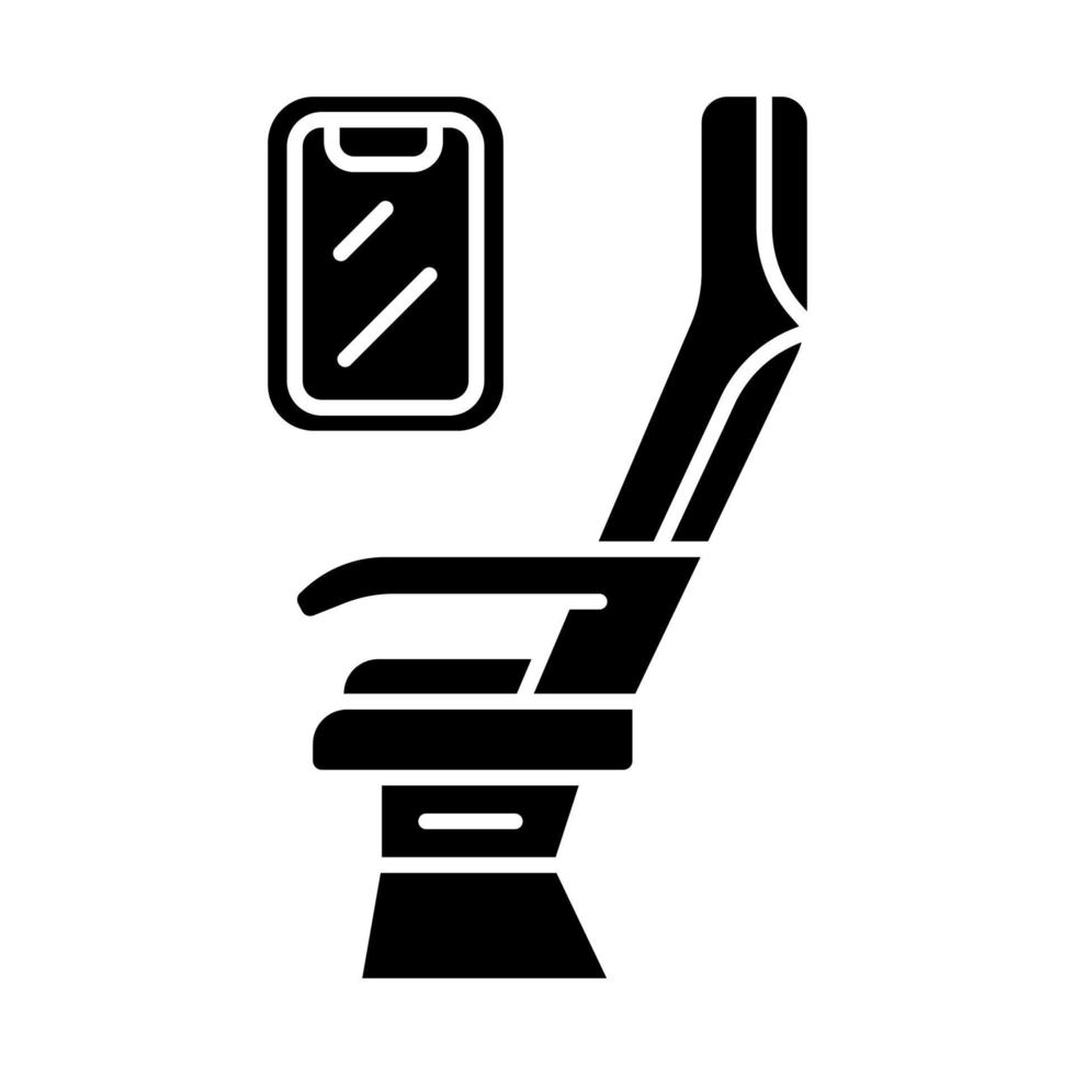 passagiersstoel glyph pictogram. vliegtuig comfortabele stoelen. straal raam. vliegtuig salon. luchtvaart dienst. vliegtuig cabine. reis voorziening. silhouet symbool. negatieve ruimte. vector geïsoleerde illustratie