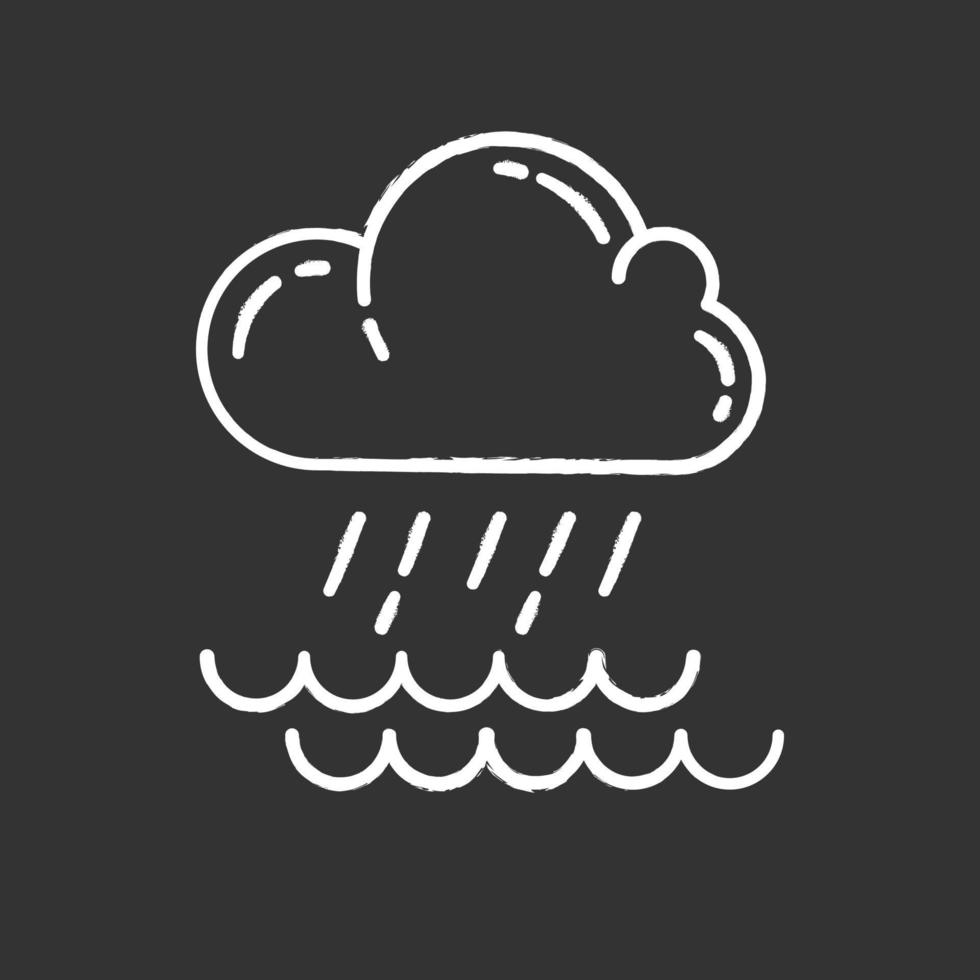 stortbui krijt pictogram. bewolking, hevige regenval, inkomend water. regenbui. hevige, stromende regen over het water. meteorologisch fenomeen. moesson seizoen. geïsoleerde vector schoolbordillustratie