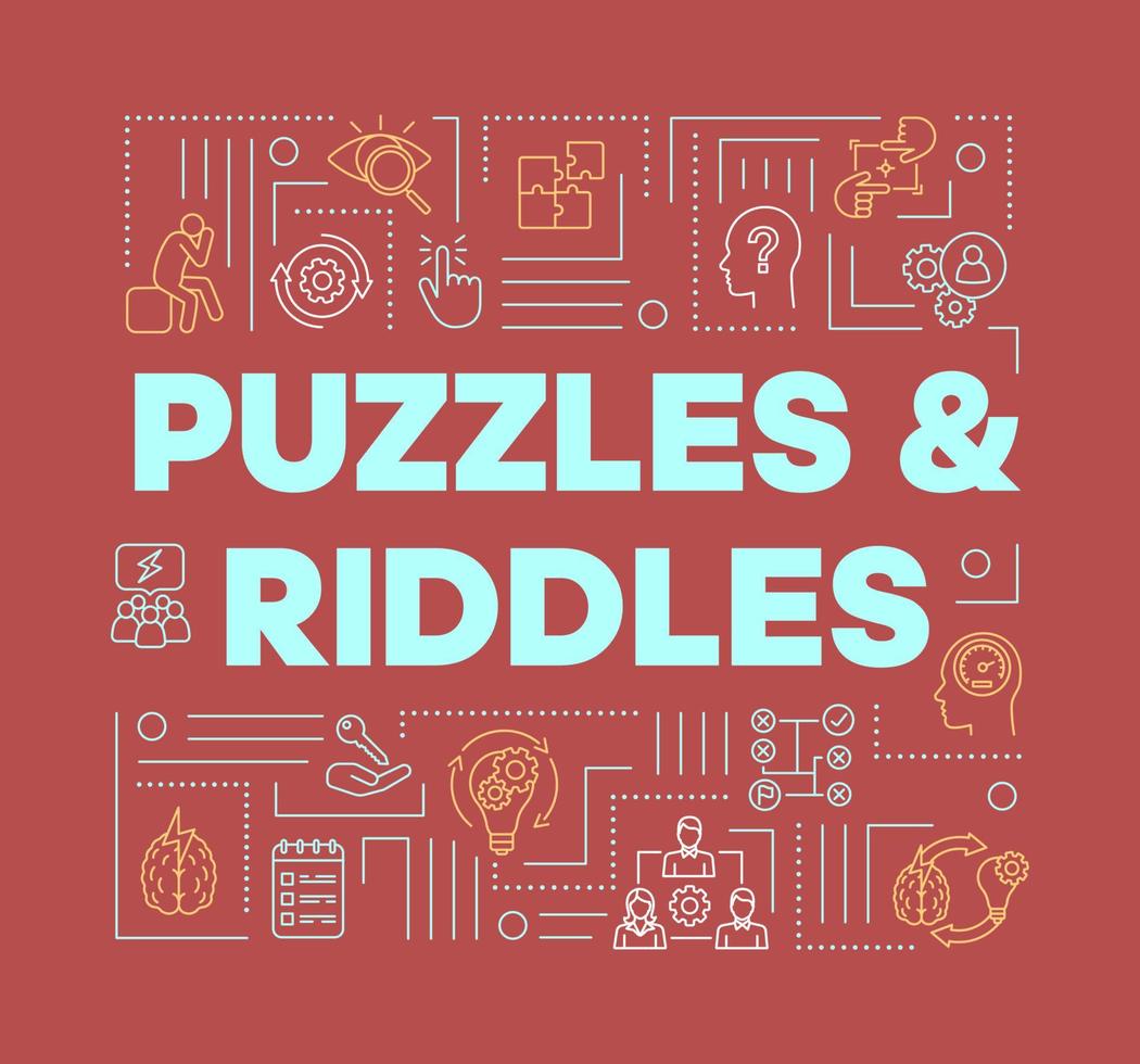 puzzels en raadsels rode woord concepten banner. problemen oplossen, presentatie van mysteries, website. ontsnappingsspellen geïsoleerd belettering typografie idee met lineaire pictogrammen. vector overzicht illustratie