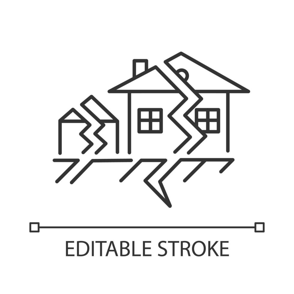 aardbeving lineaire pictogram. seismische activiteit. temblor gebouwen vernietiging. gebarsten grond en huizen. dunne lijn illustratie. contour symbool. vector geïsoleerde overzichtstekening. bewerkbare streek