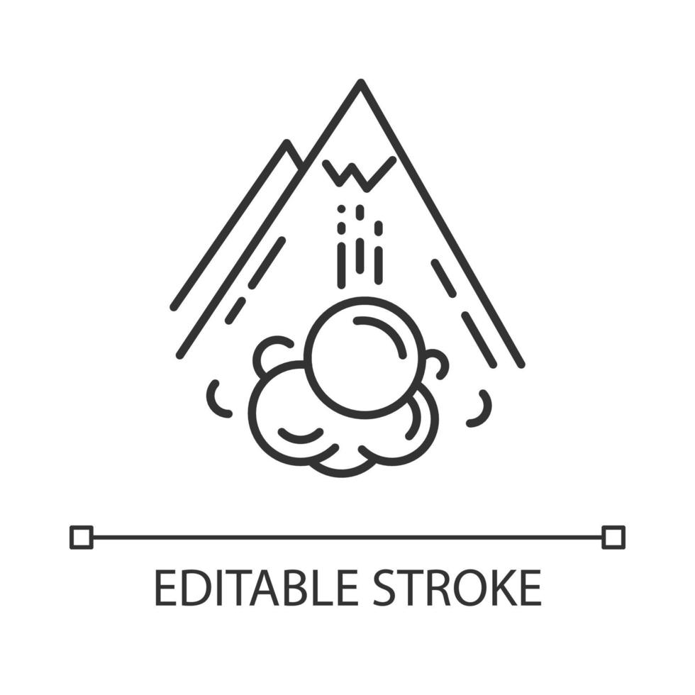 lawine lineaire pictogram. plotselinge sneeuwverschuiving. onverwachte aardverschuiving. verplaatsing van de gletsjer. natuurramp. dunne lijn illustratie. contour symbool. vector geïsoleerde overzichtstekening. bewerkbare streek