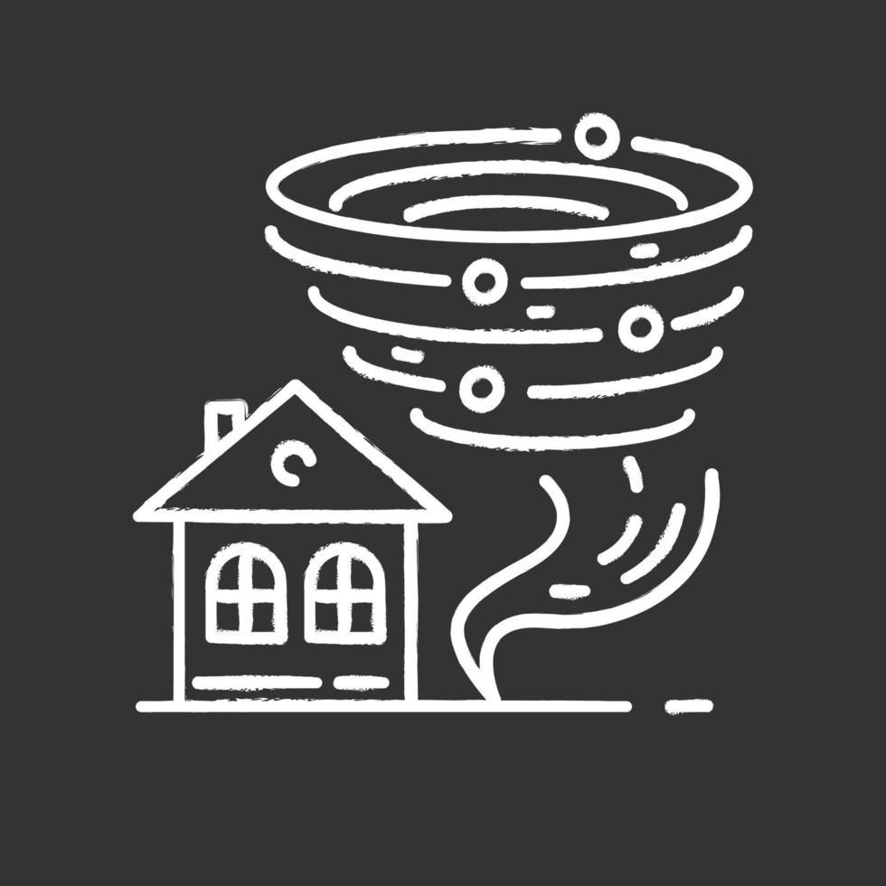 tornado krijt pictogram. twister spiraalvormige trechter die huis nadert. cycloon gevaarlijk voor de bouw. extreme weersomstandigheden. verwoestende orkaan. storm. tyfoon. geïsoleerde vector schoolbordillustratie