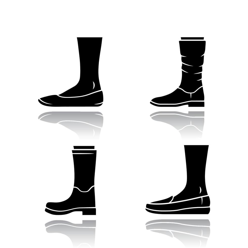 vrouwen alledaagse schoenen slagschaduw zwarte glyph pictogrammen instellen. vrouwelijk elegant formeel en casual schoeisel. stijlvolle winter- en herfstlaarzen. modieuze platte hakken. geïsoleerde vectorillustraties vector