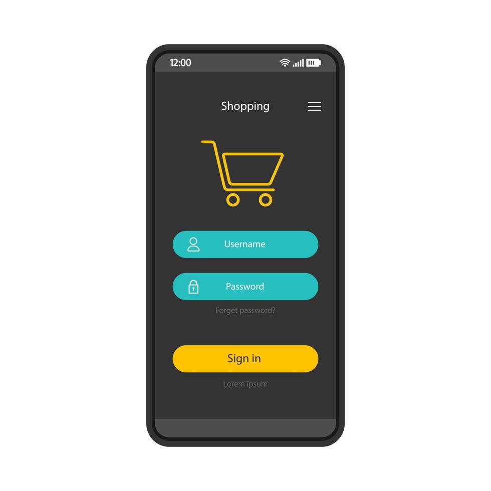 online winkel account interface vector sjabloon. digitale aankoop. pagina-ontwerplay-out voor mobiele apps. internet winkel inlogscherm. gebruikersautorisatie. platte ui. telefoondisplay met wachtwoord, gebruikersnaam