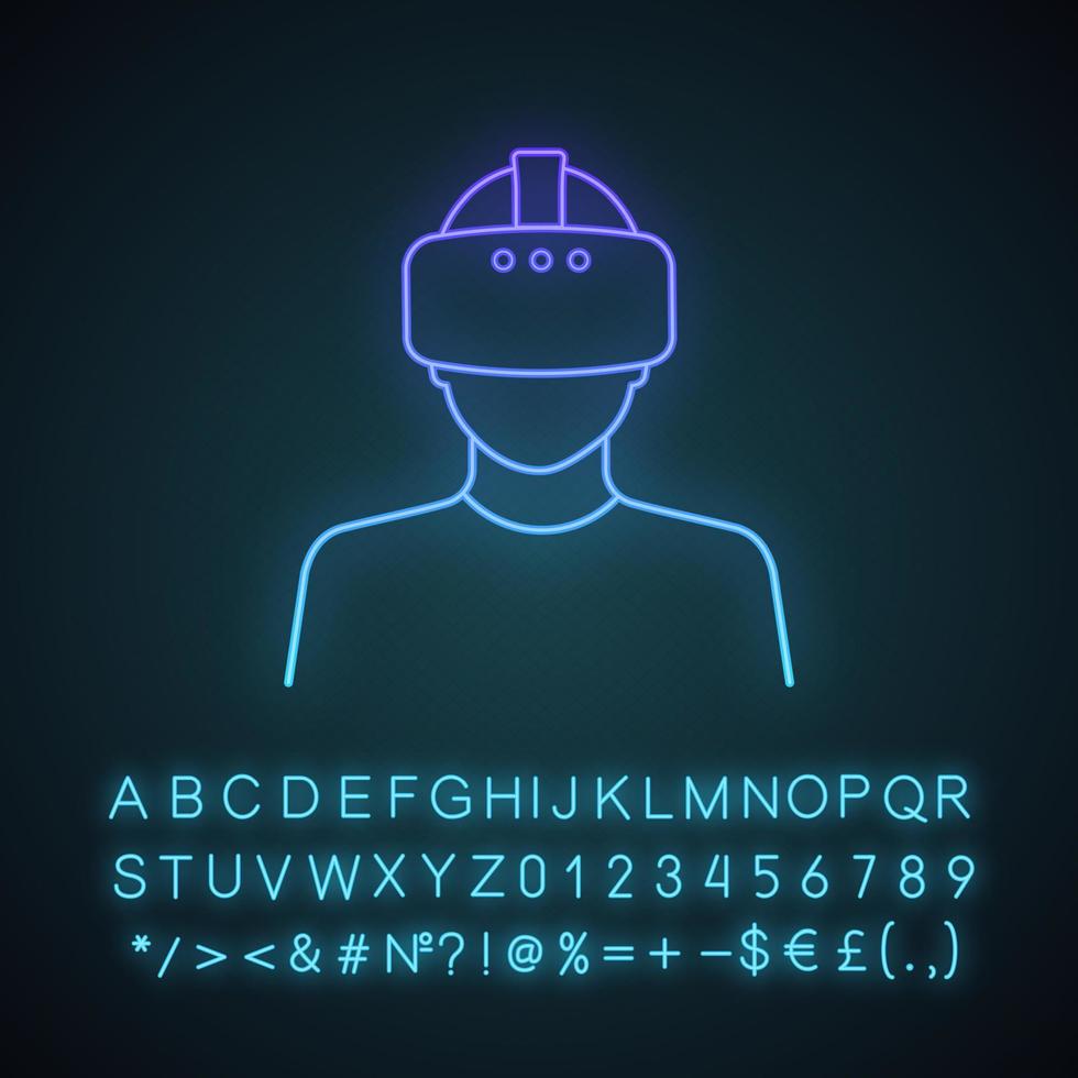 neonlichtpictogram voor virtual reality-speler. vr speler. man met vr-masker, bril, headset. gloeiend bord met alfabet, cijfers en symbolen. vector geïsoleerde illustratie