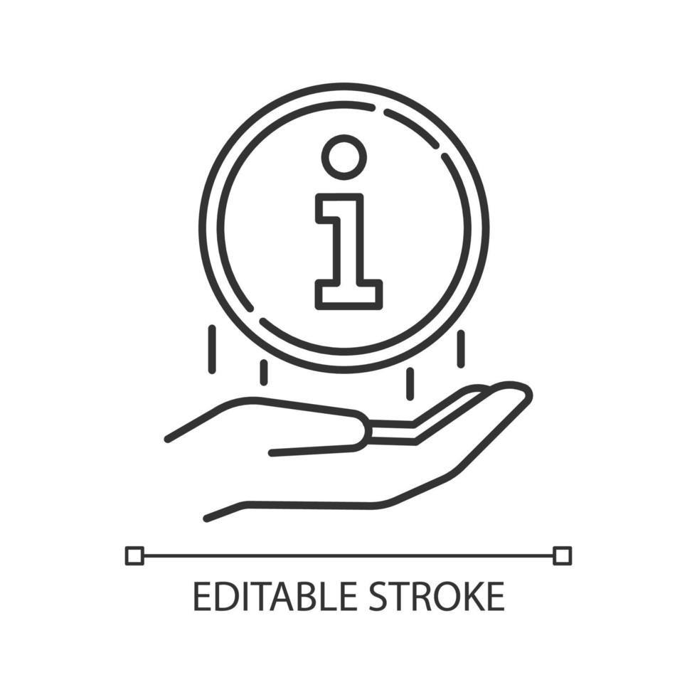 informatie-industrie lineaire pictogram. hand met info ronde teken. hulplijn, helpdesk. media. informeren, zoeken, helpen. dunne lijn illustratie. contour symbool. vector geïsoleerde overzichtstekening. bewerkbare streek