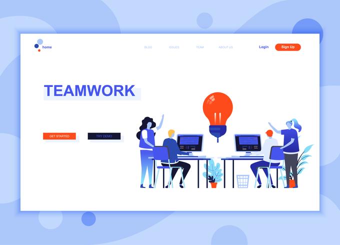 Moderne platte web pagina ontwerpsjabloon concept Teamwork ingerichte mensen karakter voor website en mobiele website-ontwikkeling. Sjabloon voor platte landingspagina&#39;s. Vector illustratie.