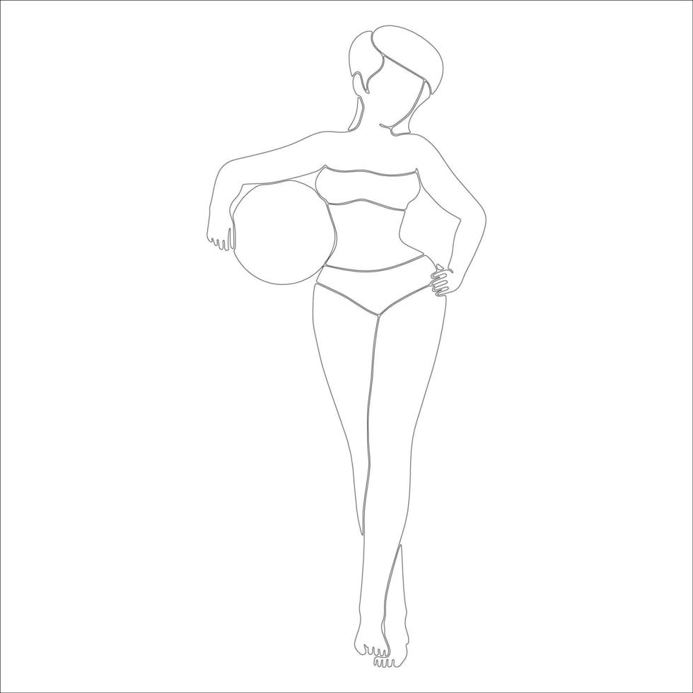 meisje met strandbal karakter schets illustratie op witte achtergrond. vector