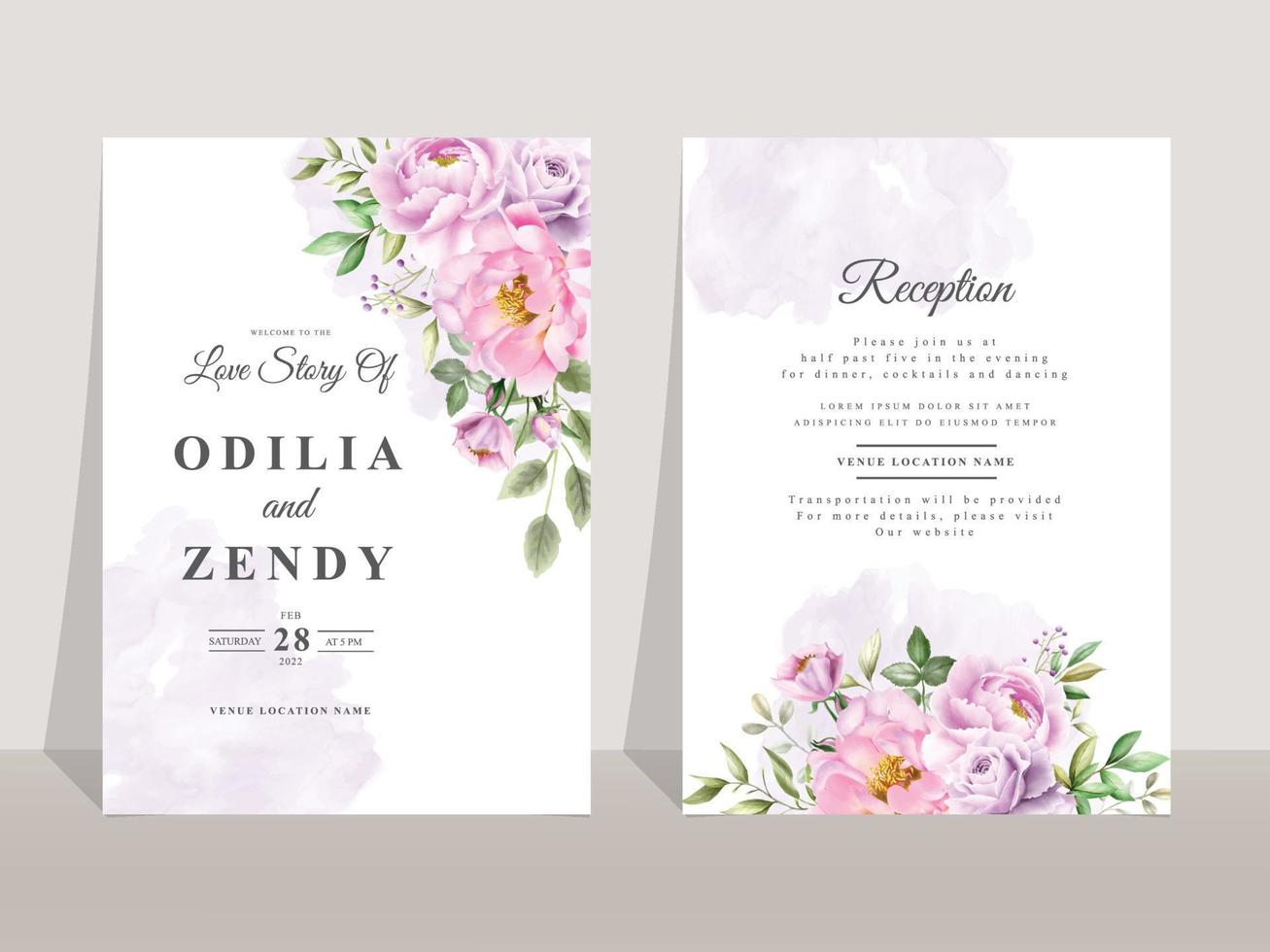 bruiloft uitnodigingskaartsjabloon met elegante bloemen en bladeren aquarel vector