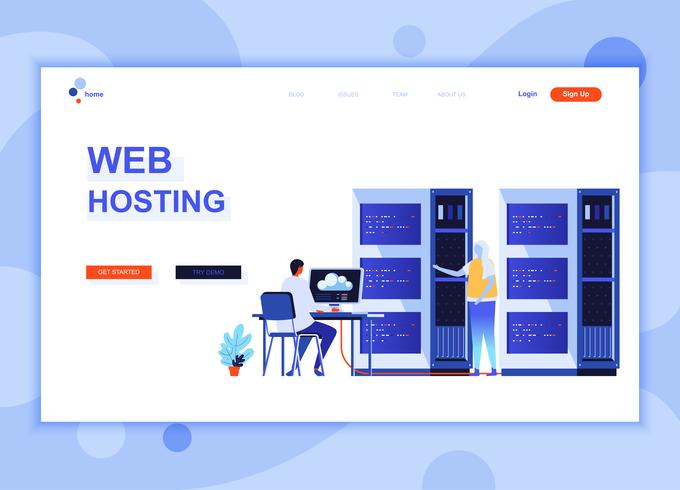 Moderne platte webpagina ontwerpsjabloon concept van Web Hosting ingericht mensen karakter voor website en mobiele website-ontwikkeling. Sjabloon voor platte landingspagina&#39;s. Vector illustratie.