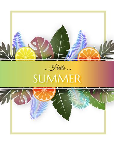 Creatieve illustratie zomer achtergrond met kleurrijk fruit en tropische bladeren. vector