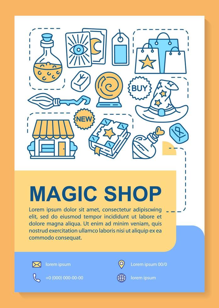 magische winkel poster sjabloon lay-out. alchemie en occultisme. banner, boekje, folder afdrukontwerp met lineaire pictogrammen. esoterische goederen. vectorbrochure paginalay-outs voor tijdschriften, reclamefolders vector