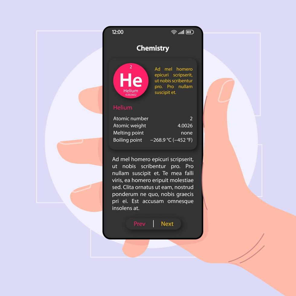 chemie zelfstudie gids smartphone interface vector sjabloon. mobiele app pagina zwarte ontwerplay-out. chemische wetenschap scherm. platte ui voor toepassing. hand met telefoon met elementinfo op het display