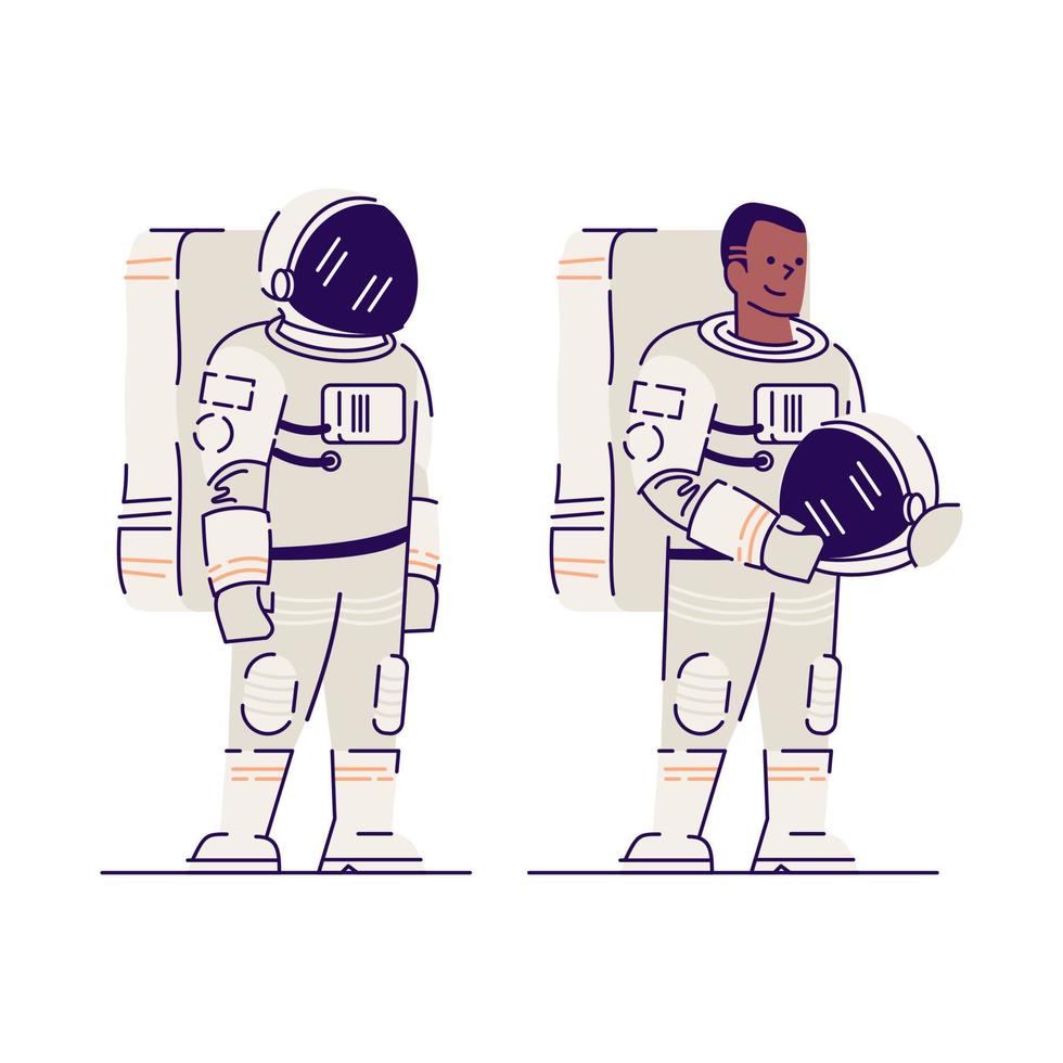 mannelijke astronaut met helm platte vectorillustratie. lachende afro-Amerikaanse kosmonaut, ruimteverkenner met helm geïsoleerd stripfiguur op witte achtergrond. ruimtemissie, verkenning van het universum vector