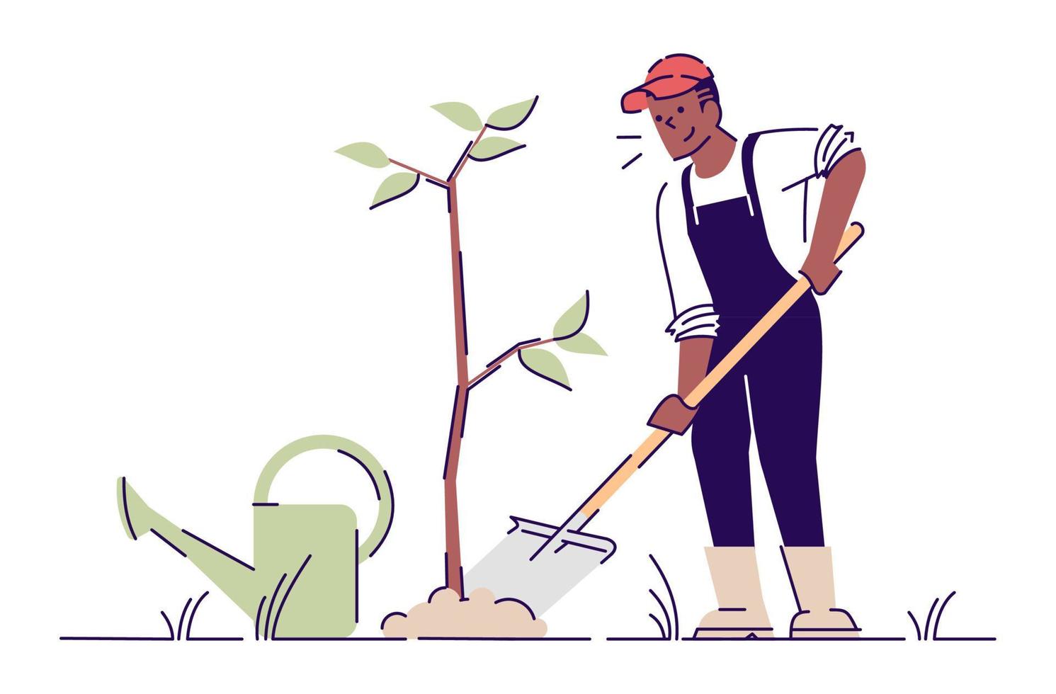man aanplant boom platte vector teken. Afro-Amerikaanse boer tuinieren cartoon afbeelding met overzicht. groeiend park, lente werkt concept. vrijwilliger, tuinman plant jonge boom met schop